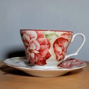 Vintage 222 Fifth Brand Floral peach and blue floral design Tea Cup & saucer.